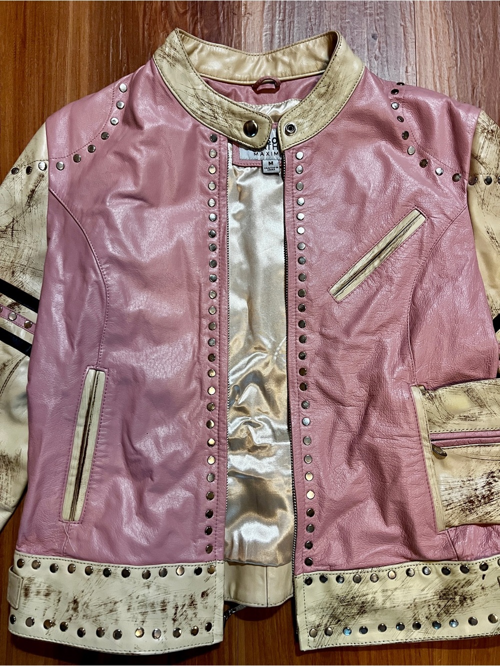 Wilson's Rare Vintage Pink Leather Maxima Star Distressed Jacket Size M Studded - Picture 3 of 11